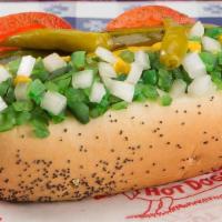 Hot Dog · Chicago-style hot dog with everything, which includes mustard, relish, celery salt, freshly ...