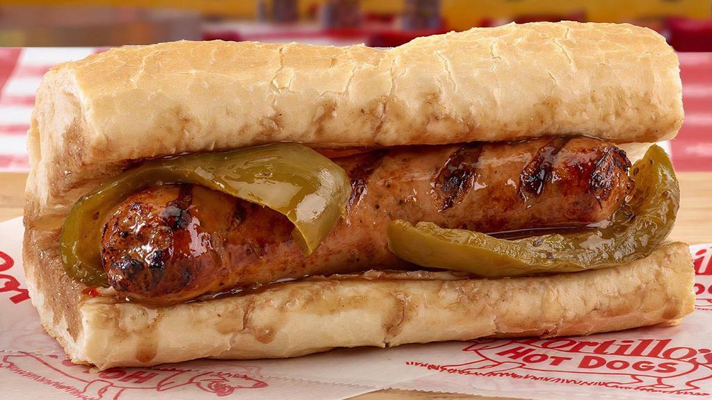 Char-Grilled Italian Sausage Sandwich · Our char-grilled, flavorful Italian pork sausage recipe has been around for over a decade. It was made just for Portillo’s using a secret blend of spices. . Best served with home-cooked sweet peppers (pictured) and/or hot giardiniera peppers for an extra charge..