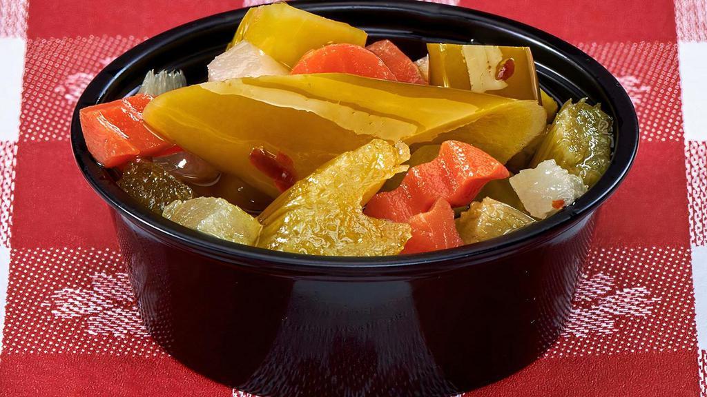 Hot Peppers · Our house blend giardiniera. Enough to top one Italian beef sandwich.