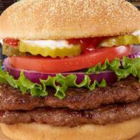 Hamburger · Everything includes mayo, crisp lettuce, a red ripe tomato slice, sliced red onion, pickles,...