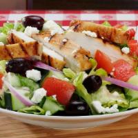 Greek Salad With Grilled Chicken · Everything includes chopped romaine topped with grilled chicken breast, Feta cheese, sliced ...