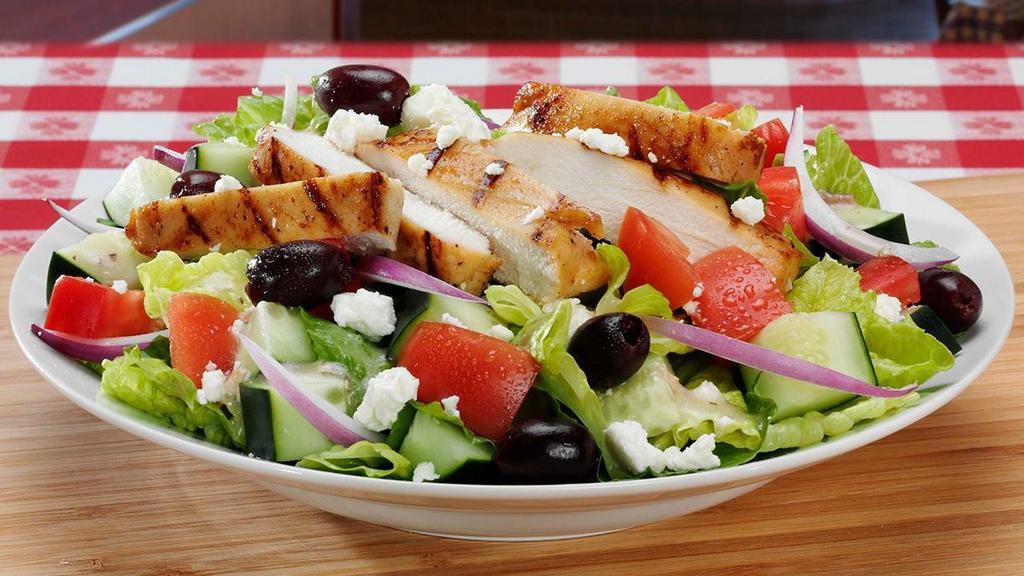 Greek Salad With Grilled Chicken · Everything includes chopped romaine topped with grilled chicken breast, Feta cheese, sliced tomatoes, red onions, Kalamata olives, and cucumber. Roasted Garlic Vinaigrette dressing served on the side..
