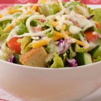 Garden Side Salad · Everything includes chopped romaine lettuce topped with shredded red cabbage, cucumbers, shr...