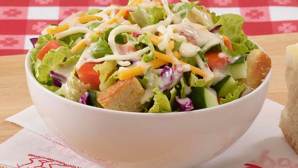 Garden Side Salad · Everything includes chopped romaine lettuce topped with shredded red cabbage, cucumbers, shredded cheese, diced tomatoes, and croutons. Served with your choice of dressing on the side..