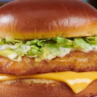 Breaded Whitefish Sandwich · A breaded wild-caught whitefish filet on a brioche bun with American cheese, chopped lettuce...