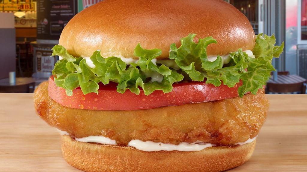Breaded Chicken Sandwich · A lightly breaded, all white chicken breast served on a toasted brioche bun. Everything includes mayo, tomato, and lettuce.