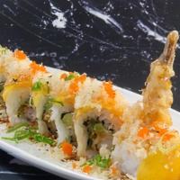 Sexy Lady Roll · Shrimp tempura, avocado, picked jalapeno, and spicy mayo sauce topped mango, masago, green o...