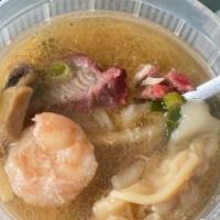 War Wonton Soup (House Specialty) · Clear broth, pork dumplings, chicken, shrimp, bbq pork, bokchoy, bamboo shoots, and mushrooms.
