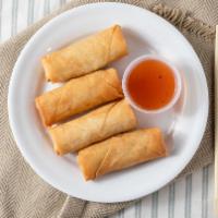 Egg Rolls (4) · Crispy-fried and stuffed with cabbage, carrots, mushrooms, and glass noodles, served with sw...