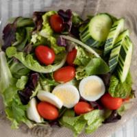 Garden Salad · Fresh romaine lettuce, mixed green, spinach, tomato, cucumber, and egg served with homemade ...