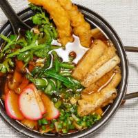 Nabeyaki Udon · Shrimp Tempura, Mushroom, Napa Cabbage, Boiled Egg,  Fried Tofu, Fish Cake, Udon Noodle