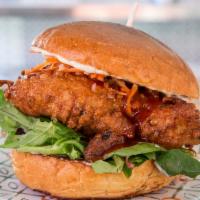 Not-So-Spicy Chicken Sandwich · Spicy. Mochiko-style fried chicken sandwich, greens, pickled carrots, mayo, lee's hot sauce,...
