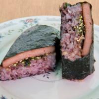 Spam Musubi · Seaweed-wrapped spam on purple rice.
