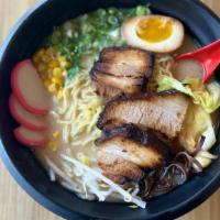 Tonkotsu Ramen · Roasted pork, boiled egg, kikurage mushroom, bamboo shoots, green onion, bean sprouts, fish ...