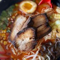 Shoyu Ramen · Roasted pork, boiled egg, kikurage mushroom, bamboo shoots, green onion, bean sprouts, fish ...