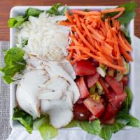#12 Turkey Salad · Romaine lettuce, turkey, shaved Parmigiano-Reggiano, tomatoes, and shredded carrots.