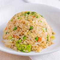Vegan Veggies Fried Rice · Jasmine rice, broccoli, green bean, carrot, corn, bokchoy, cabbage, garbanzo bean, onion.