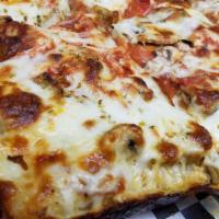Sicilian Cheese Pizza (8X10 Small) · Four pieces. Deep dish pan pizza, made with double toppings, cheese, and light sauce.