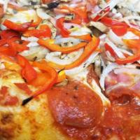 Dominic'S Special · Pizza sauce, Canadian bacon, pepperoni, bell pepper, onion, and mushroom.