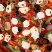 The Supremo Pizza · Italian tomato sauce, fresh mozzarella, housemade sausage, sliced garlic, oregano, green bel...