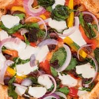From The Garden · Italian tomato sauce, fresh mozzarella, baby spinach, bell peppers, red onions, kalamata oli...