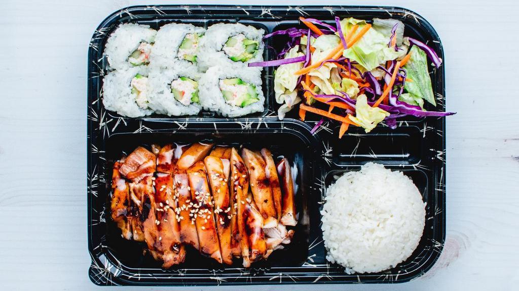 The Classic · Our Craft Bento series is designed to elevate your dining experience on-the-go! The Classic contains chicken teriyaki, 6-piece California rolls, salad, and steamed rice. No substitutions please!