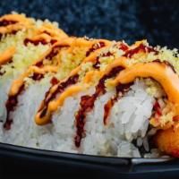 Crunchy Shrimp Roll · IN: Cucumber, Imitation Crab, Shrimp Tempura;  OUT: Tempura Crunch, Sesame;  SAUCE: Spicy Ma...