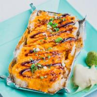 Pizza Maki · IN: Imitation Crab, Salmon, Cucumber;  OUT: Green Onion, Sesame, BAKED;  SAUCE: Spicy Mayo, ...