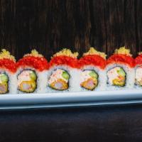 Crunchy Dragon Roll · IN: Shrimp Tempura, Imitation Crab, Cucumber;  OUT: Spicy Tuna, Tempura Crunch, Sesame;  SAU...