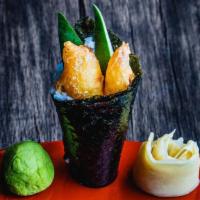Shrimp Tempura Handroll · Sushi Ingredients Wrapped with Seaweed in a Cone Shape.  Filling Contains Shrimp Tempura, Cu...