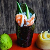 Shrimp Handroll · Sushi Ingredients Wrapped with Seaweed in a Cone Shape.  Filling Contains Sushi Shimp, Cucum...