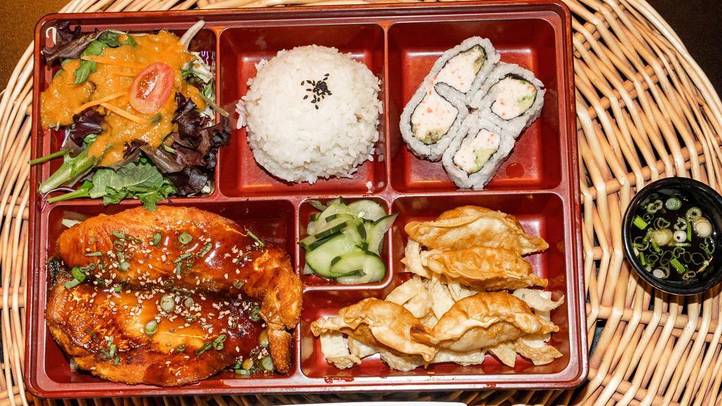 Kitchen Bento · 2 Choice items (No duplicate items are allowed nor double beef items) Served with miso soups, rice, salad and four pieces California roll.
