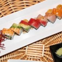 Rainbow Roll · Inside: Crabmeat, cucumber and avocado. 
Outside: Four different types of fish and avocado.