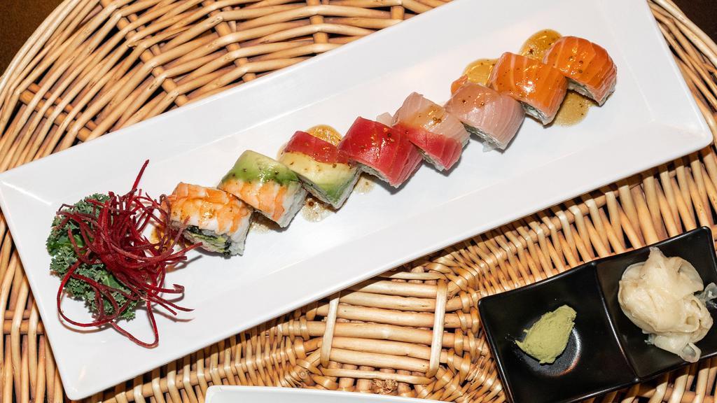 Rainbow Roll · Inside: Crabmeat, cucumber and avocado. 
Outside: Four different types of fish and avocado.