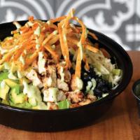 Southwest Chicken Salad · Romaine lettuce, pepperjack cheese, grape tomatoes, grilled corn um black beans, avocado, cr...