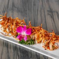 Sunshine Roll · in: crabmeat, spicy tuna, asparagus, cucumber
out: Seared Salmon with fried onion