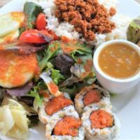 Beef Plate · Tasty minced beef, rice two pieces spicy salmon rice cakes, green salad, cucumber, tomato, a...