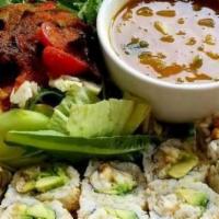 Roll Plate · One choice of fresh rolls with a green salad, cucumber, tomato and today's soup.