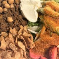 Tacos Rice Bowl · Ground beef, chickpeas, avocado, cucumber, cherry tomato, green and white onion, jalapeño, p...