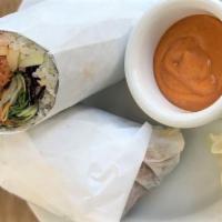 Spicy Salmon Bow-Lito · Spicy salmon (raw), green onion, cucumber, rice, spring mix salad wrapped in seaweed. Spicy ...