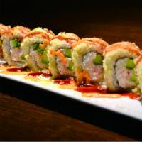 Crunch Roll · Crab salad, shrimp, cucumber and avocado, topped with eel sauce, spicy mayo and crunch