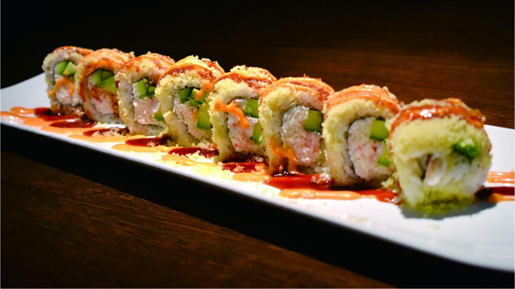 Crunch Roll · Crab salad, shrimp, cucumber and avocado, topped with eel sauce, spicy mayo and crunch