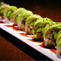 Caterpillar Roll · Eel and cucumber inside topped with avocado and eel sauce