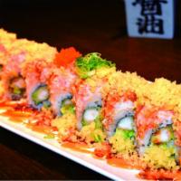 Fresno Roll · Shrimp Tempura, avocado, and cucumber, topped with spicy crab salad served with spicy mayo, ...