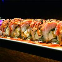 Shaggy Dog Roll · Shrimp Tempura,  cream cheese, and jalapeno topped with crab stick , eel sauce and spicy mayo