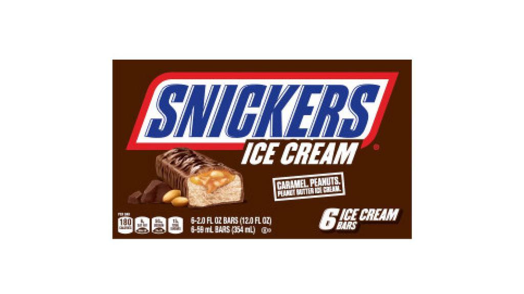 Snickers Ice Cream Bar (2Oz, 6Pk) · Contains (1) 6-count box of Snickers Ice Cream Bars. Made with creamy peanut butter ice cream, smooth caramel, crunchy peanuts and covered in a chocolate shell. Snickers Ice Cream Bars are a delicious treat that take satisfaction to a new, frozen level.