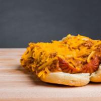 Chili Cheese Hot Dog · Hebrew National hot dog topped with chili and cheese.