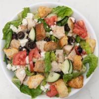 House Salad · Lettuce, cucumbers, tomatoes, olives, feta cheese, topped with Italian chicken breast and he...