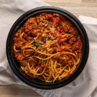 Spaghetti With Meat Sauce · Spaghetti topped with homemade bolognese sauce.