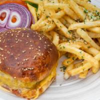 Grass Fed Burger · Grass fed beef burger with Tillamook cheddar, herb aioli, red onion, lettuce, pan de mie rol...